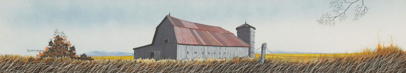 SIGNED DONOVAN GOUACHE PAINTING OF BARN: Framed gouache painting on board, Barn, signed lower left Donovan (possibly Timothy F. Donovan, Connecticut, b.1919), sight: approx 5.25"h, 27.5"w, overall: approx 9.75"h, 32"w, 3.5lbs Start Price: $8