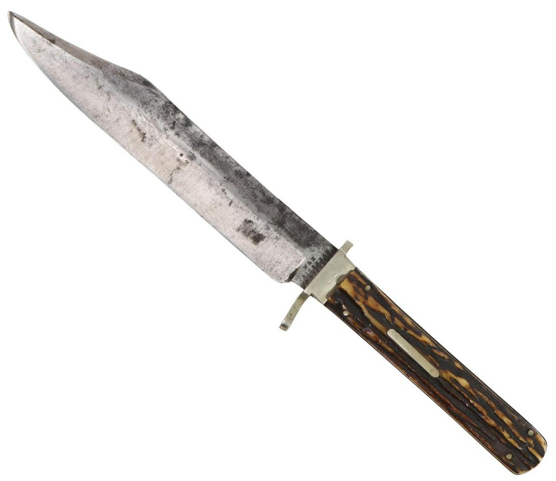 SHEFFIELD 19TH C. BOWIE KNIFE W&H WHITEHEAD: Sheffield Bowie Knife, 19th c., the 6.3/8" blade marked at the ricasso "W&H Whitehead, Sheffield", the shaped guard broken at one end, stag like handle with four pins, overall: 10.75"l Start Price: $1