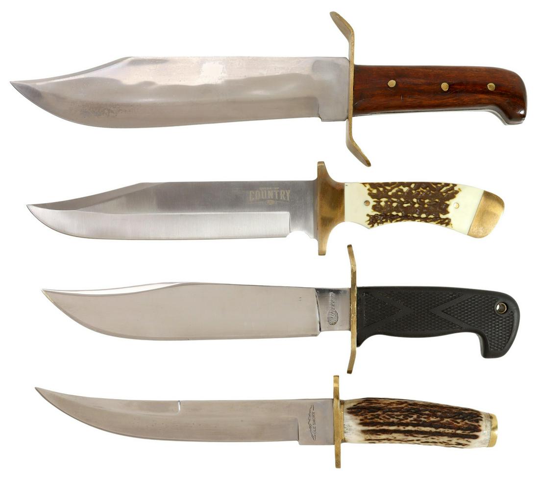 (4) LARGE BOWIE STYLE KNIVES, 20TH/21ST C.: (lot of 4) Bowie knives, 20th/21st c.: (1) Break-Up Country, 8.5" drop point blade, brass guard, bone like handle, overall: 14"l; (1) drop point 11" blade, unmarked, brass handle, wood three handle, o