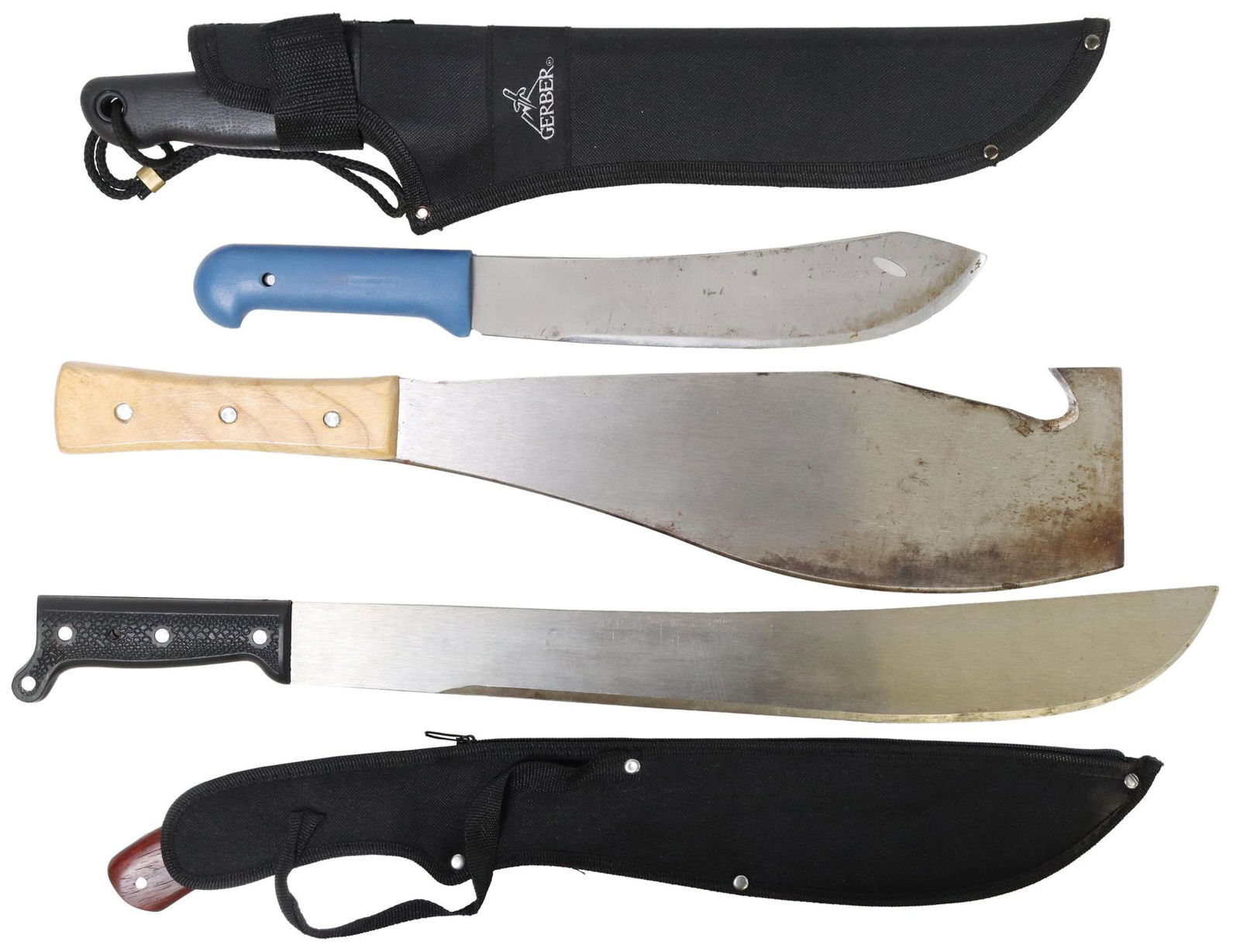 (5) MACHETES & FIXED BLADE KNIFE: (lot of 5) Machetes: (1) Gerber saw blade machete, 11" black blade with makers name, the spine with saw teeth, rubberized handle, cloth sheath, overall 19.25"l; (1) Frost Cutlery machete, 14.5" blade