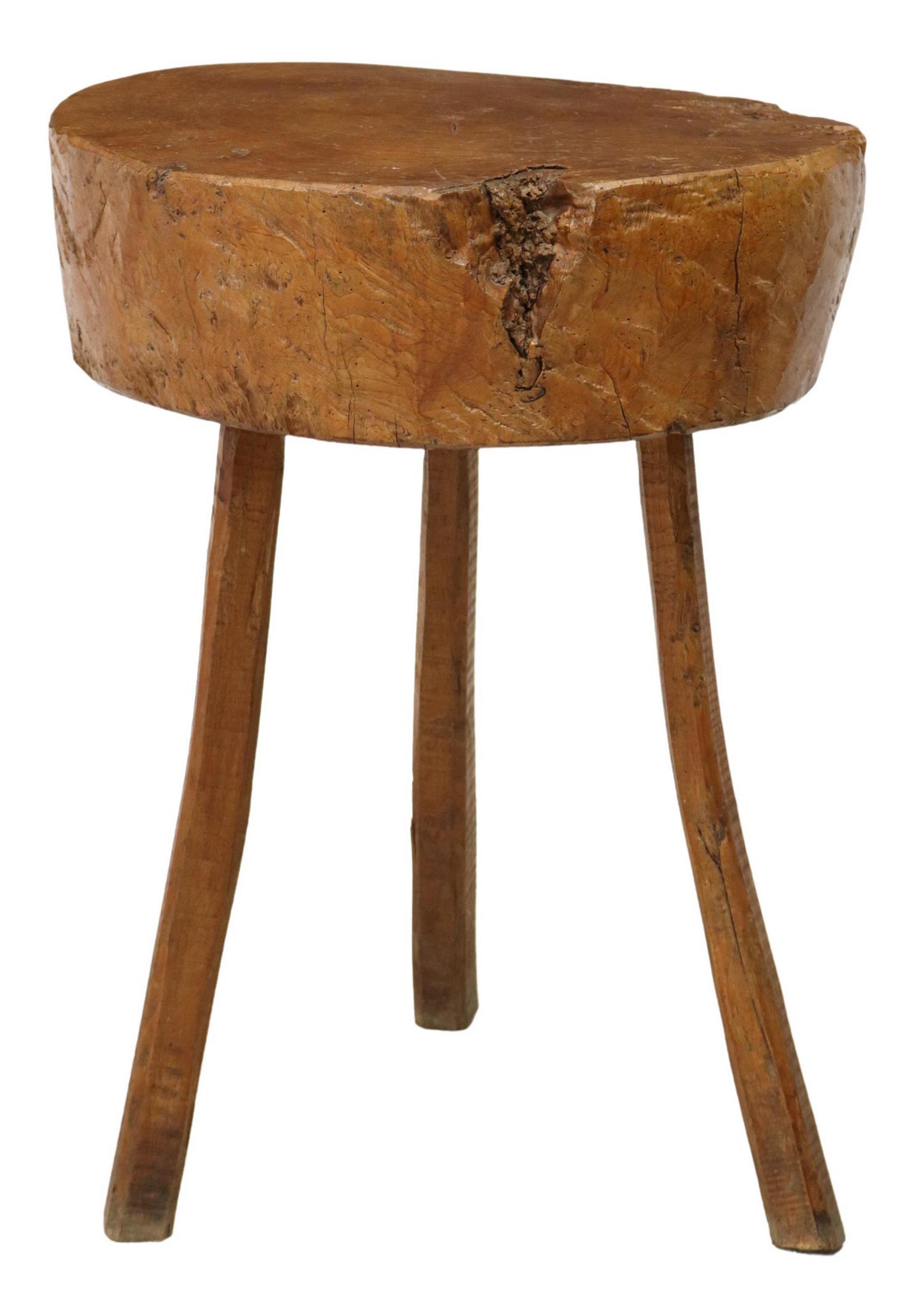 FRENCH PROVINCIAL BUTCHER BLOCK TABLE: French Provincial butcher block table, wood slab tabletop, rising on three legs, approx 34.25"h, 24.5"d Start Price: $100.00