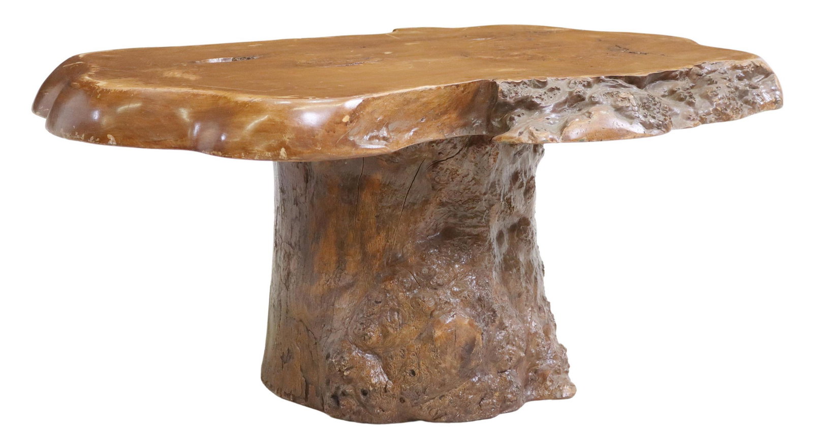 NATURAL WOOD SLAB COFFEE TABLE: Natural wood slab coffee table with tree trunk like base, approx. 17.25"h, 42"w, 26.5"d Start Price: $200.00