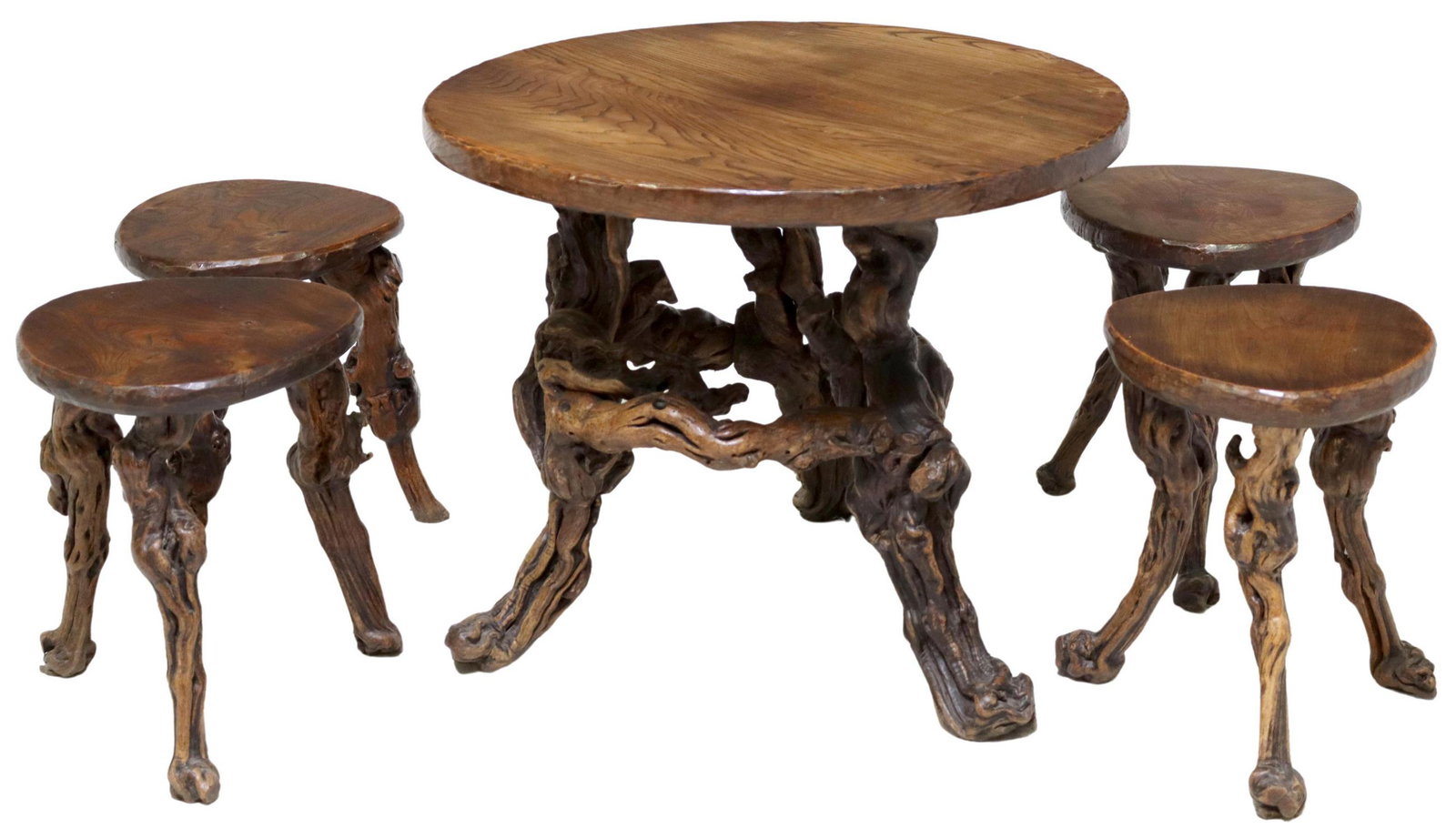(5) RUSTIC ELM & TWISTED ROOT PATIO SET: (lot of 5) Rustic elm and twisted root patio set, all with round top, on tripodal twisted root base, including: (1) table, approx 22.75"h, 27.75"diam; (4) stools, approx 16"h, 15.5"diam Start Price: $