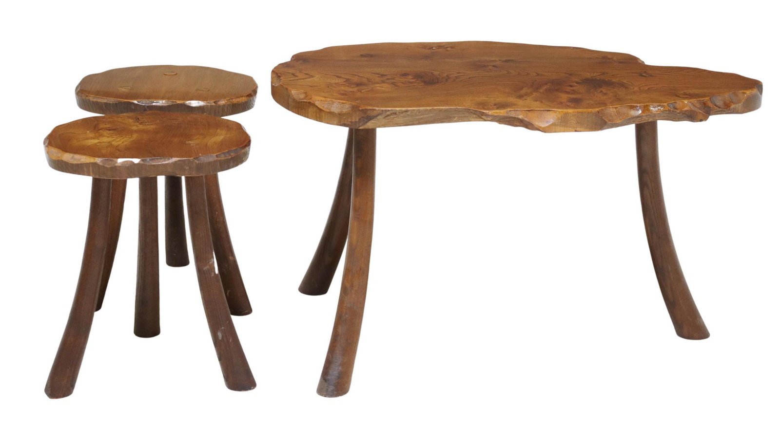 (3) RUSTIC ELM LIVE EDGE TABLE & STOOLS: (lot of 3) Rustic elm patio set, including: (1) live edge table, on tripodal legs, approx 18.75"h, 32.5"w, 21"d, (2) stools, having round top, on tripodal legs, approx 16"h, 13"diam Start Price: $100.