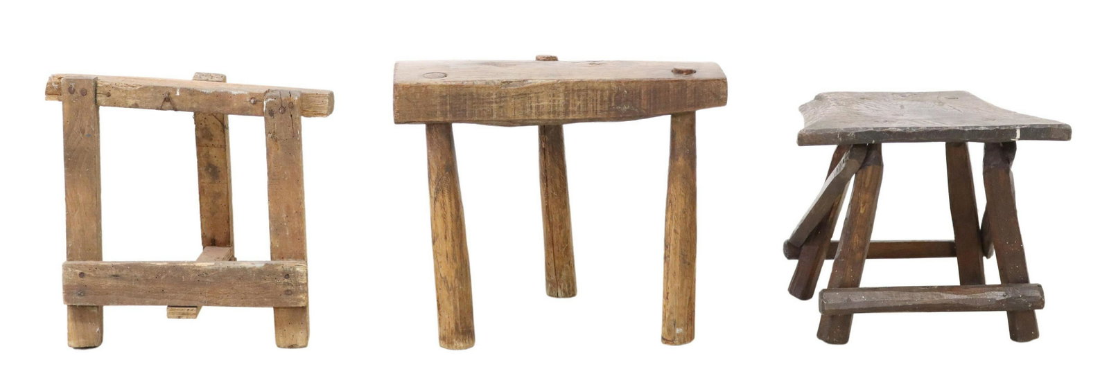 (3) VARIOUS PRIMITIVE WOOD STOOLS: (lot of 3) Primitive wood stools, in varied forms, some evidence of old woodworm and wood loss throughout, largest: approx 13.5"h, 16"w, 9.75"d Start Price: $100.00