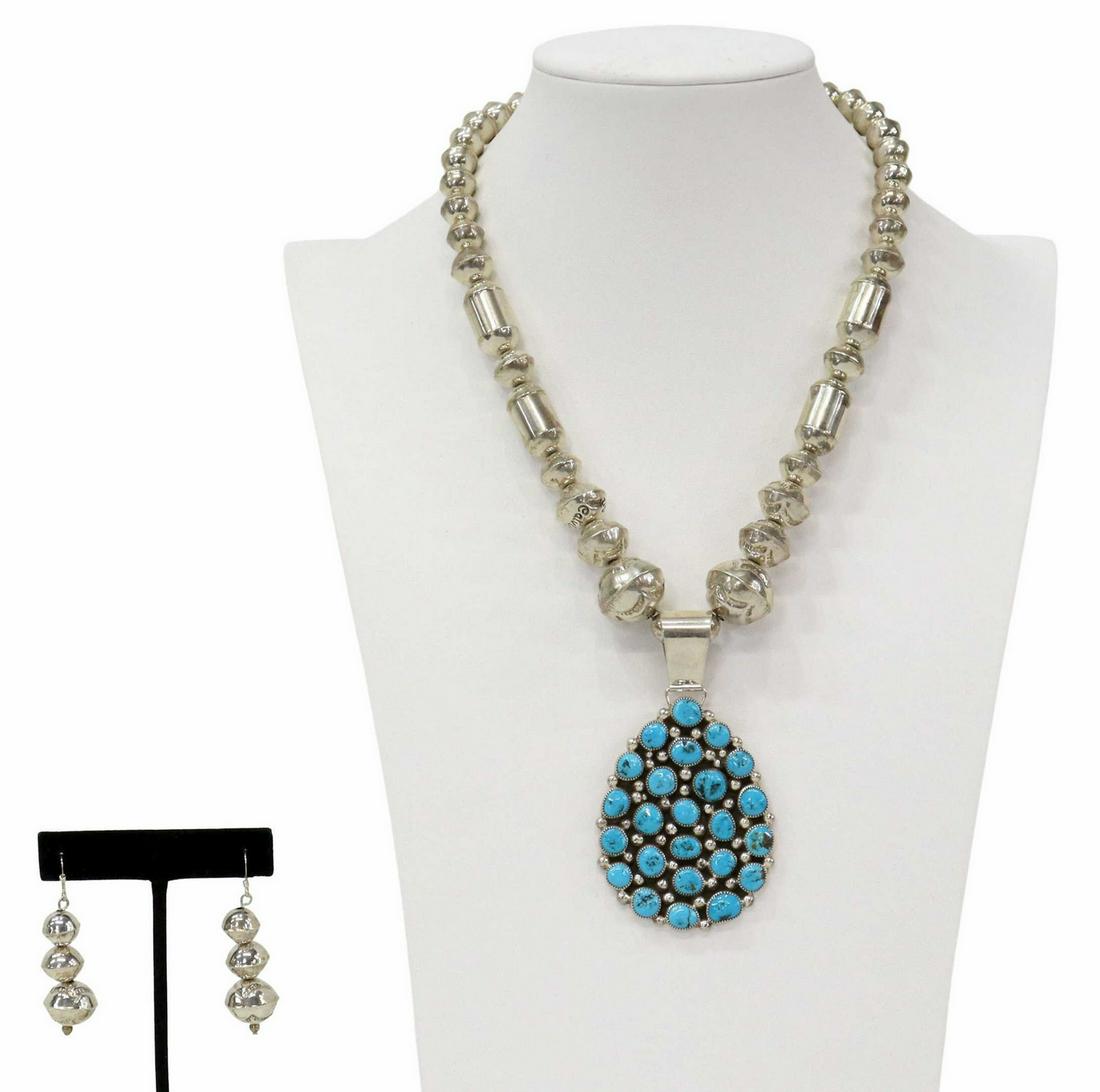 (LOT) KENNETH JONES STERLING & TURQUOISE PENDANT: (lot) Native American silver jewelry suite, assembled, comprising: (1) sterling silver pendant, signed with crossed arrows over J (Kenneth Jones, Navajo/Dine, 20thc.), teardrop form pendant having a d