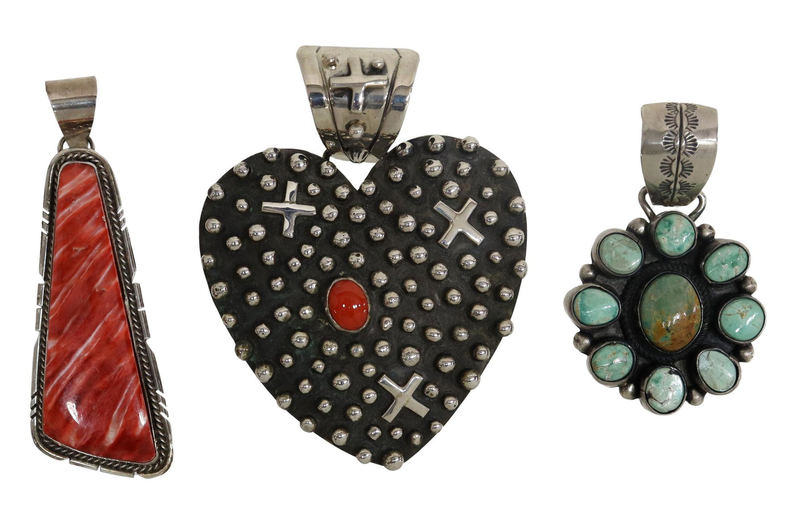 (3) NATIVE AMERICAN STERLING & STONE PENDANTS: (lot of 3) Native American sterling silver pendants, comprising: (1) large heart-form pendant, signed Emer Thompson (Navajo/ Dine, 20th c.), a dark ground with four directions symbols, beadwork and ov
