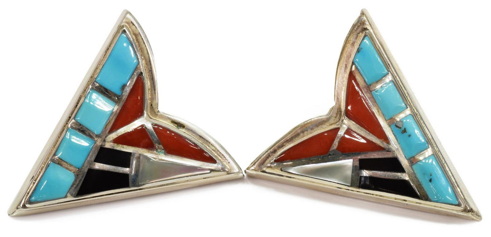 (2) NICK & THERESA LEEKELA ZUNI INALID COLLAR TIPS: (pair) Native American silver (content unknown) collar tips, Nicholas and Theresa Leekela (Zuni Pueblo, 20th c.), inlaid with turquoise, red coral, mother-of-pearl shell, and jet, approx 1.5"l, 1.25"w