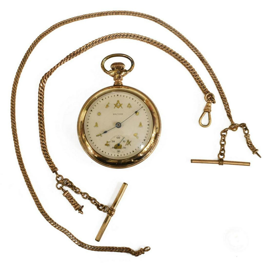 3) AMERICAN WALTHAM MASONIC YGF POCKET WATCH, FOBS: American Waltham Watch Co. open face pocket watch, c.1888-1889, gold fill guilloche case by the Columbia Watch Company, dial with Masonic symbols, seconds subdial, movement serial number 3765298, case