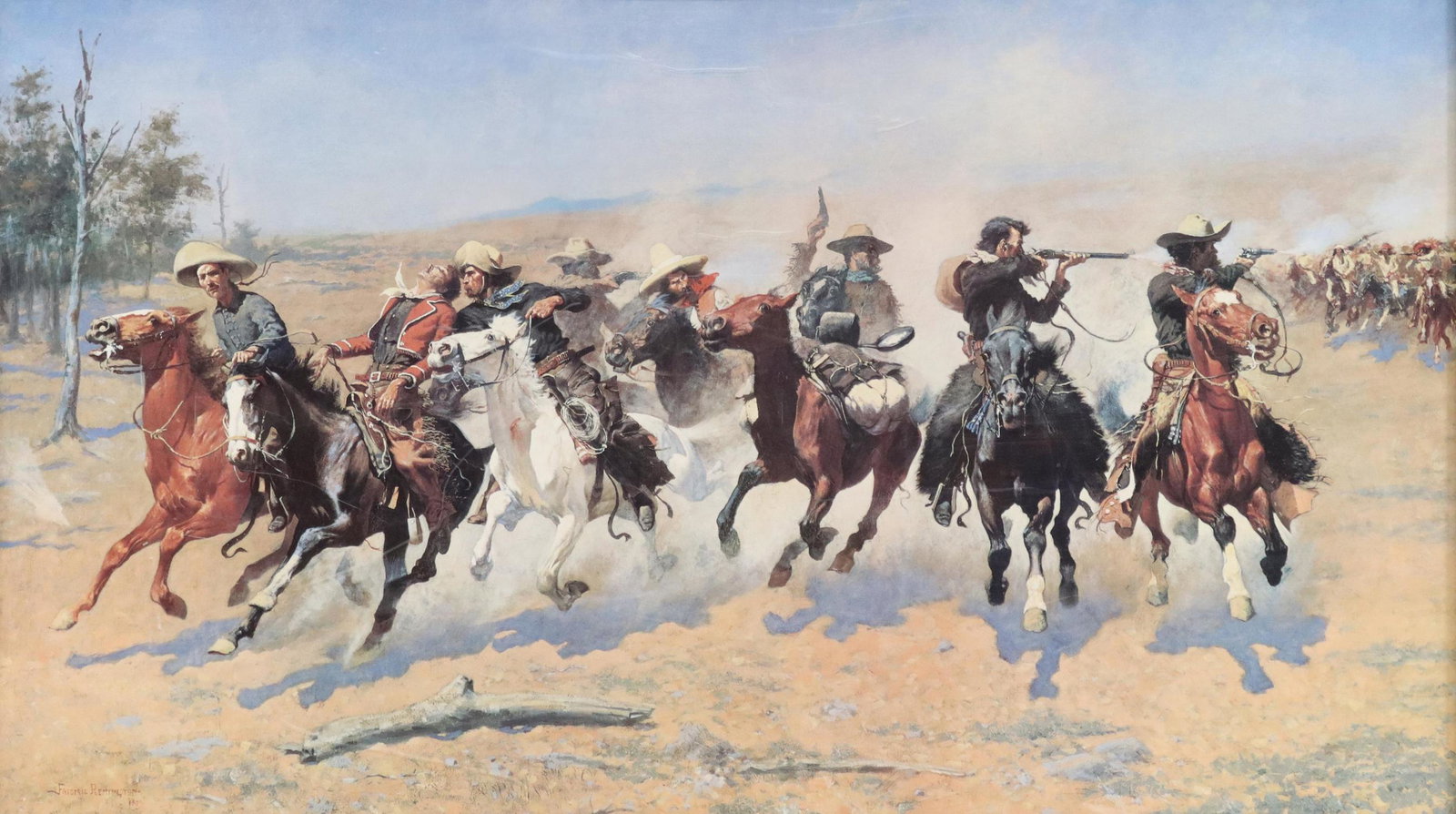 AFTER REMINGTON OFFSET PRINT 'DASH FOR THE TIMBER': Framed offset print on paper, "A Dash For the Timber," after the original by Frederic Sackrider Remington (American, 1861-1909), sight: approx 19.75"h, 34.75"w, overall: approx 25.5"h, 41"w, 7.3lbs St