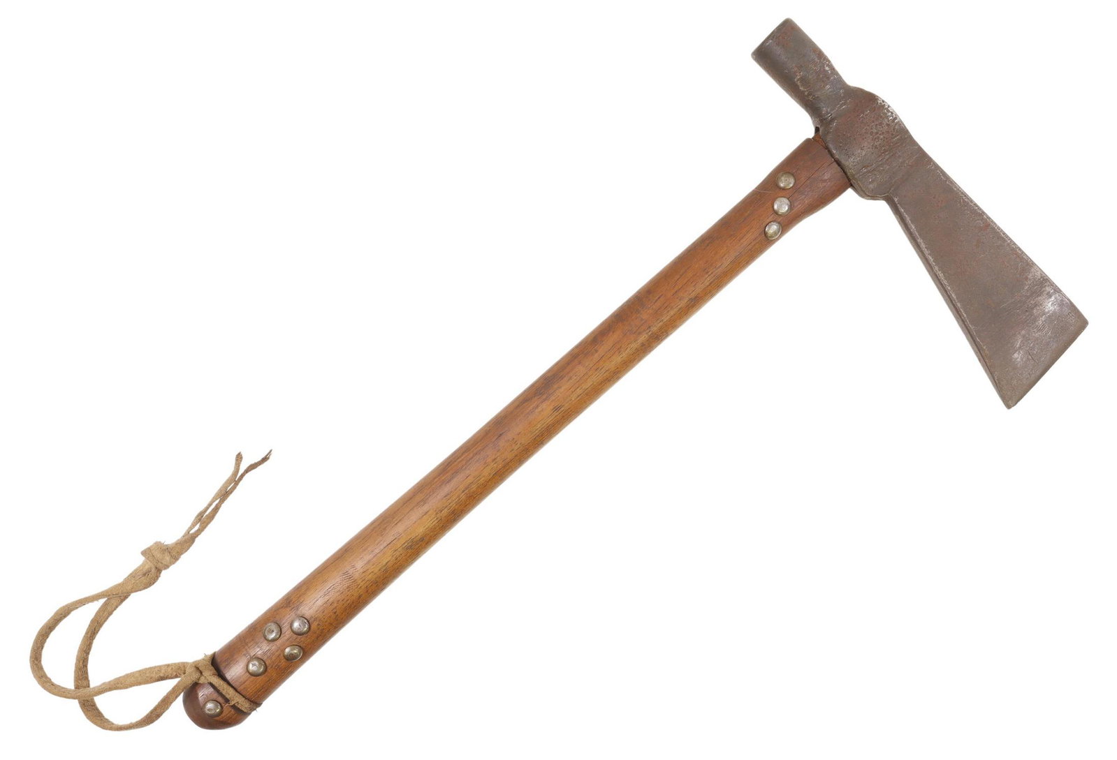 MODERN NATIVE AMERICAN STYLE TOMAHAWK PIPE AXE: Modern Native American style pipe tomahawk axe, 20th/ 21st c. oak handle, the iron axe head approx. 2"h, 7.5"w, the handle nail head accents, overall: 15.25"l, 1.30lbs Start Price: $80.00