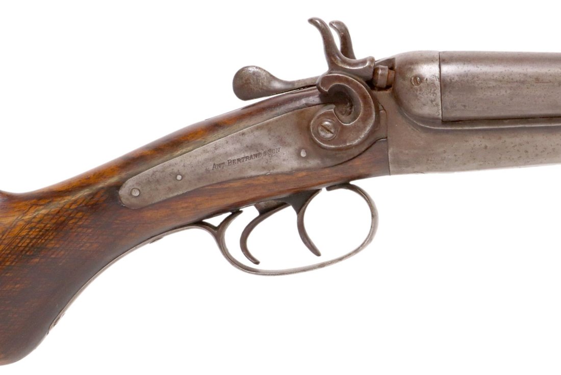 ANTIQUE BELGIUM DOUBLE BARREL BERTRAND SHOTGUN: Antique Side by Side 12 gauge shotgun marked at lockplates Ant. Bertrand & Son (Antoine Bertrand & Son, Liege, Belgium), C. 1890, numerous proof markings at barrel and water table, 30' barrels with so