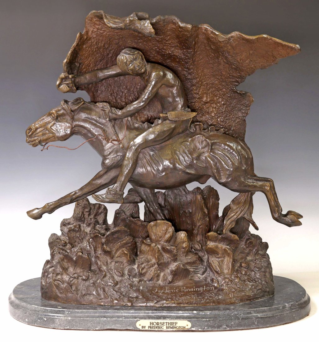 AFTER FREDERIC REMINGTON BRONZE, 'HORSE THIEF': Patinated bronze sculpture, "Horse Thief," after the original by Frederic Sackrider Remington (American, 1861-1909), rising on marble base, bronze: 19.75"h, 20.25"w, 6.5"d, base: approx 1 3/8"h, 21.75