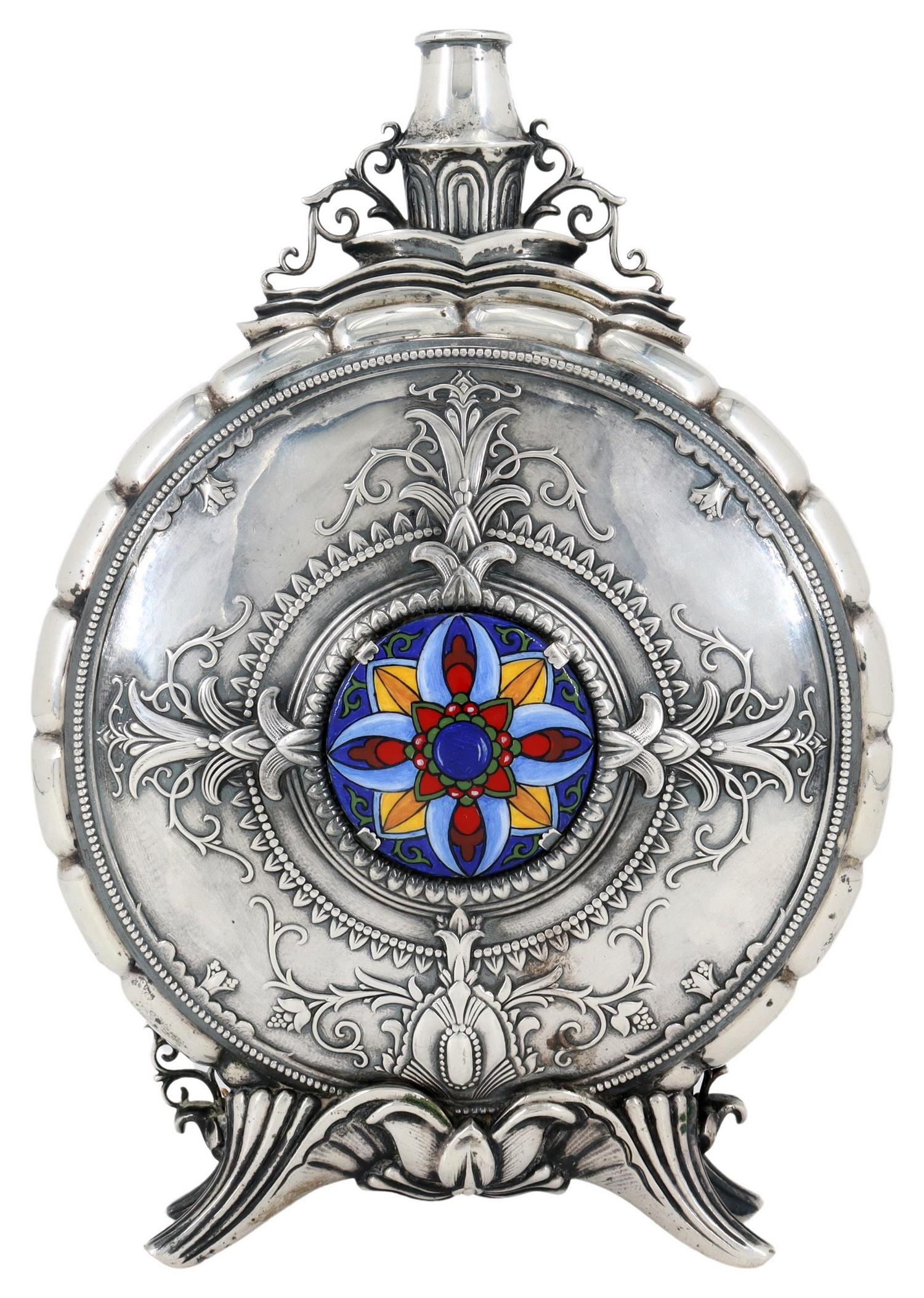 AUSTRO-HUNGARIAN 800 SILVER & ENAMEL MOON FLASK: Austro-Hungarian .800 silver moon flask, polychrome enamel medallion, Dianakopf hallmark, approx 8.75"h, 6"w, 668.5 grams (inclusive of all materials) Start Price: $300.00