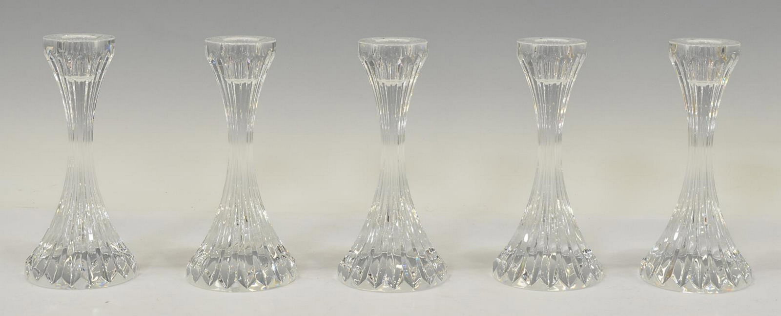 (5) FRENCH BACCARAT 'MASSENA' CRYSTAL CANDLESTICKS: (lot of 5) French Baccarat "Massena" cut crystal single-light candlesticks, each with acid-etched maker's mark underfoot, approx 6 1/8"h, 2.75"diam; 5lbs total Start Price: $80.00