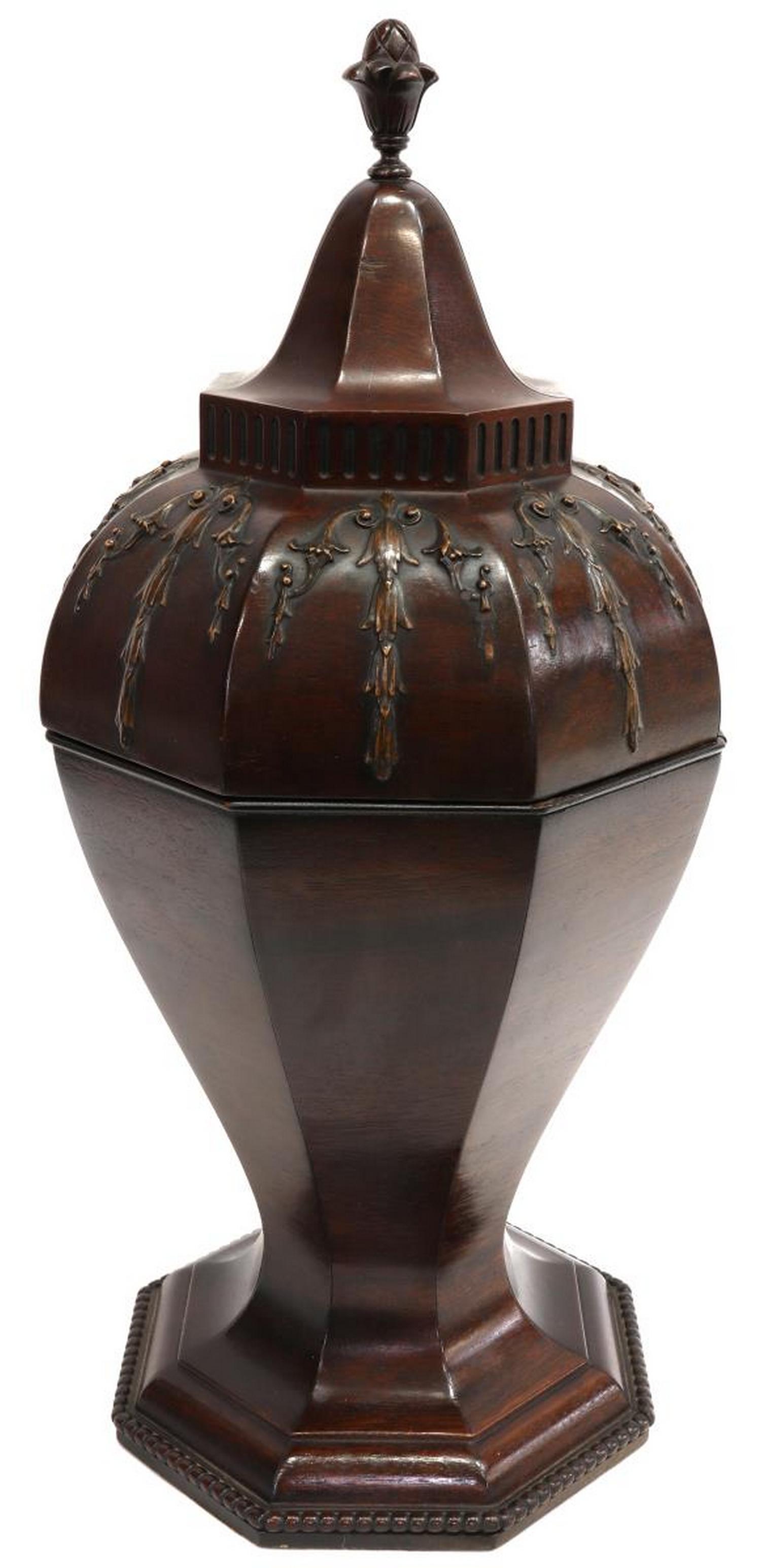 COLONIAL REVIVAL PANELED MAHOGANY KNIFE URN: Colonial Revival mahogany knife urn, 19th c., a fruited finial on the lid, above paneled urn applied with molded bell flower pendants, velvet-lined interior fitted for various knives, beaded trim on t