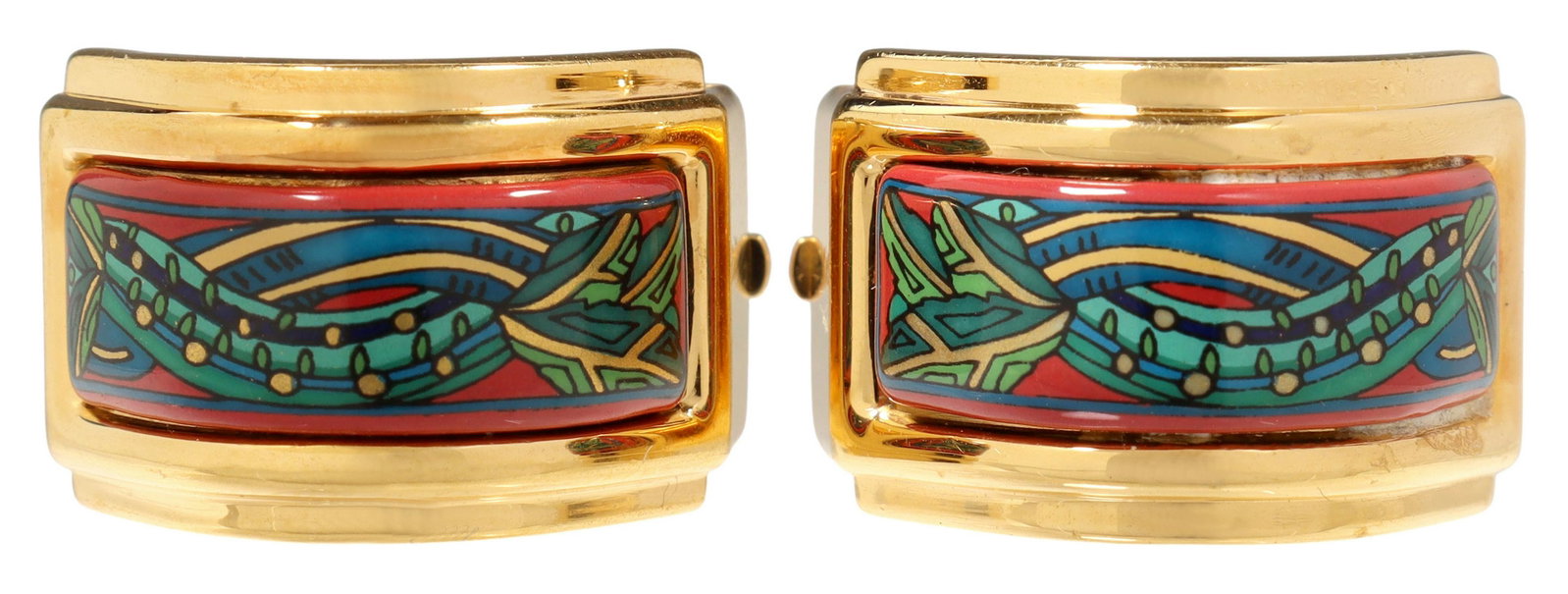 HERMES GOLD-TONE ENAMEL CLIP-ON EARRINGS: Hermes gold-tone earrings, with blue, pink and green enameled design, clip-on closures, accompanied by Hermes branded box, measurement for shipping purposes only - earrings: approx 0.75"h, 0.5"w, box: