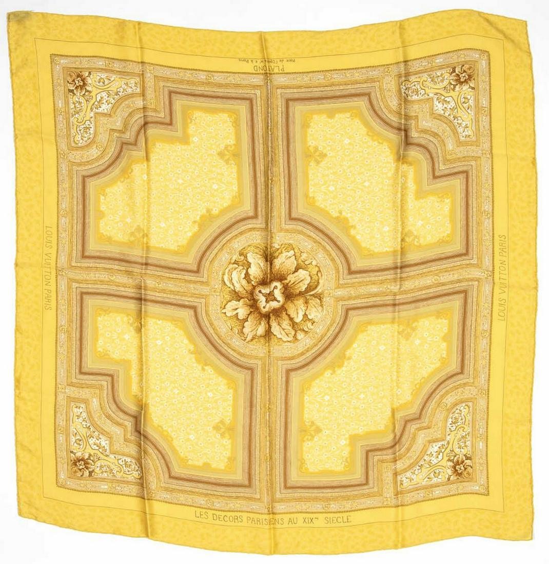 LOUIS VUITTON SILK SCARF, 'DECORS PARISIENS': Louis Vuitton 100% silk scarf, "Les Decors Parisiens Au XIX Siecle" pattern, scarf: measurements for shipping purposes only - approx 35"l, 35"w Start Price: $80.00
