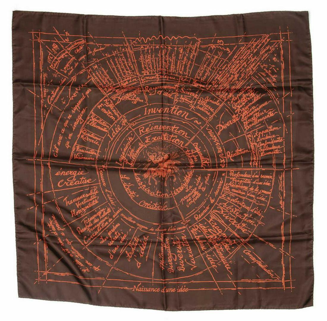 HERMES SILK TWILL SCARF 'NAISSANCE D'UNE IDEE': Hermes silk twill scarf, "Naissance d'une Idee" pattern, original design by Michel Duchene, scarf: measurements for shipping purposes only - approx 35"l, 35"w, 0.25lbs Start Price: $100.00