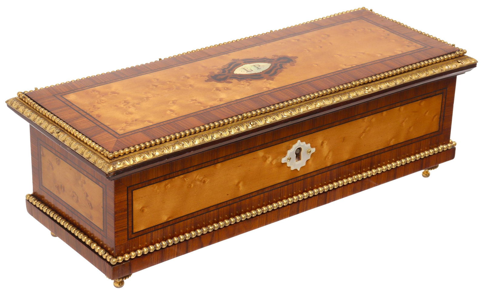 PAUL SORMANI (1817-1877) ORMOLU-MOUNTED GLOVE BOX: French Napoleon III period inlaid glove box, Paul Sormani (1817-1877), 114 Rue du Temple, Paris, second half 19th c., banded top, mother-of-pearl cartouche monogrammed L.P., silk-lined interior, risin