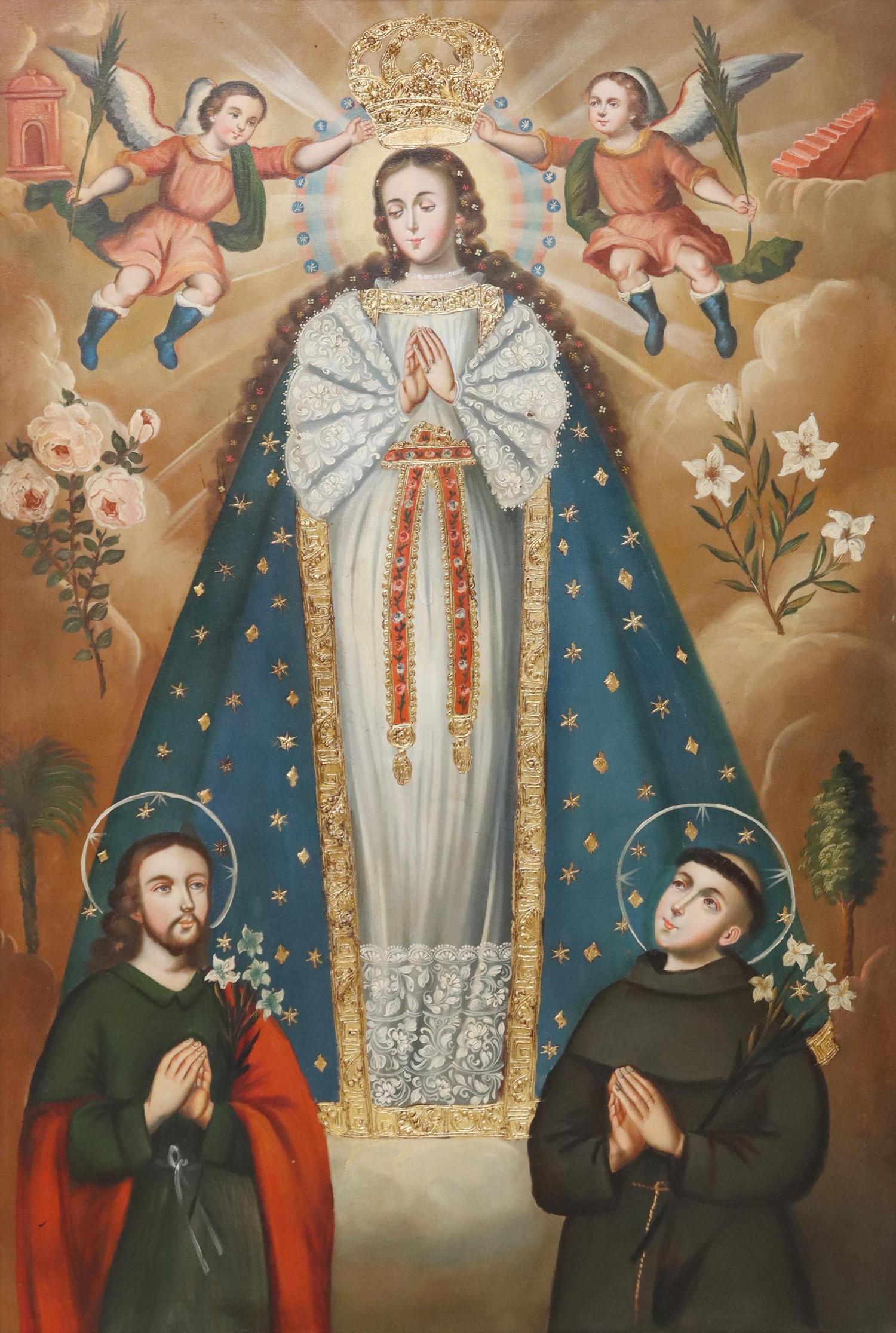 CUZCO SCHOOL STYLE RELIGIOUS OIL PAINTING: Framed oil on canvas painting, The Virgin Mary with Saint Joseph and Saint Anthony, sight: approx 42.75"h, 29"w, overall: 50.5"h, 36.75"w, 22.25lbs Start Price: $400.00