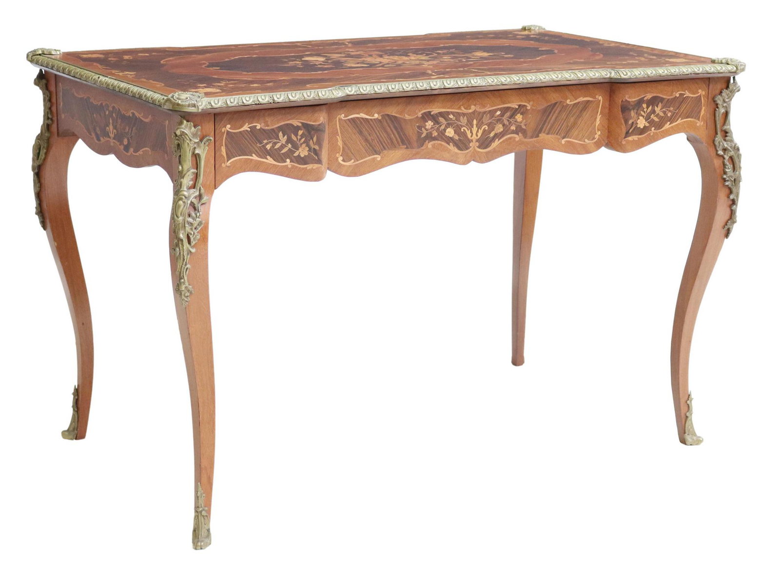 LOUIS XV STYLE MARQUETRY BUREAU PLAT: Louis XV style writing desk, 20th c., top with floral marquetry, over a single frieze drawer, gilt metal mounted legs, ending in sabots, approx 29.75"h, 45.5"w, 27.25"d Start Price: $300.00