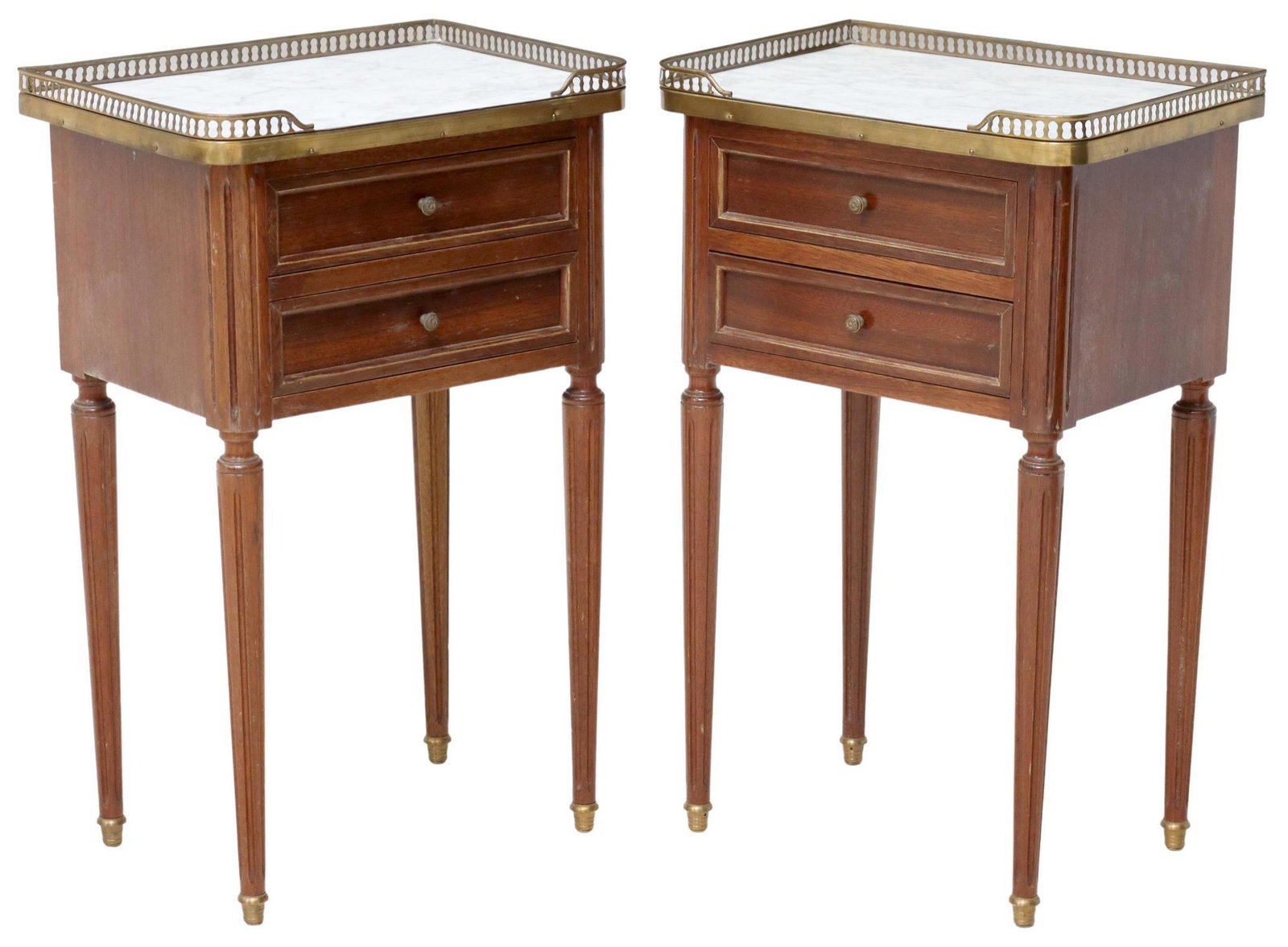 (2) FRENCH LOUIS XVI STYLE MARBLE-TOP NIGHTSTANDS: (pair) French Louis XVI style marble-top mahogany nightstands, 20th c., pierced metal three-quarter gallery, enclosing the marble top, two drawers, rising on tapering fluted legs, approx 26"h, 16"w, 1