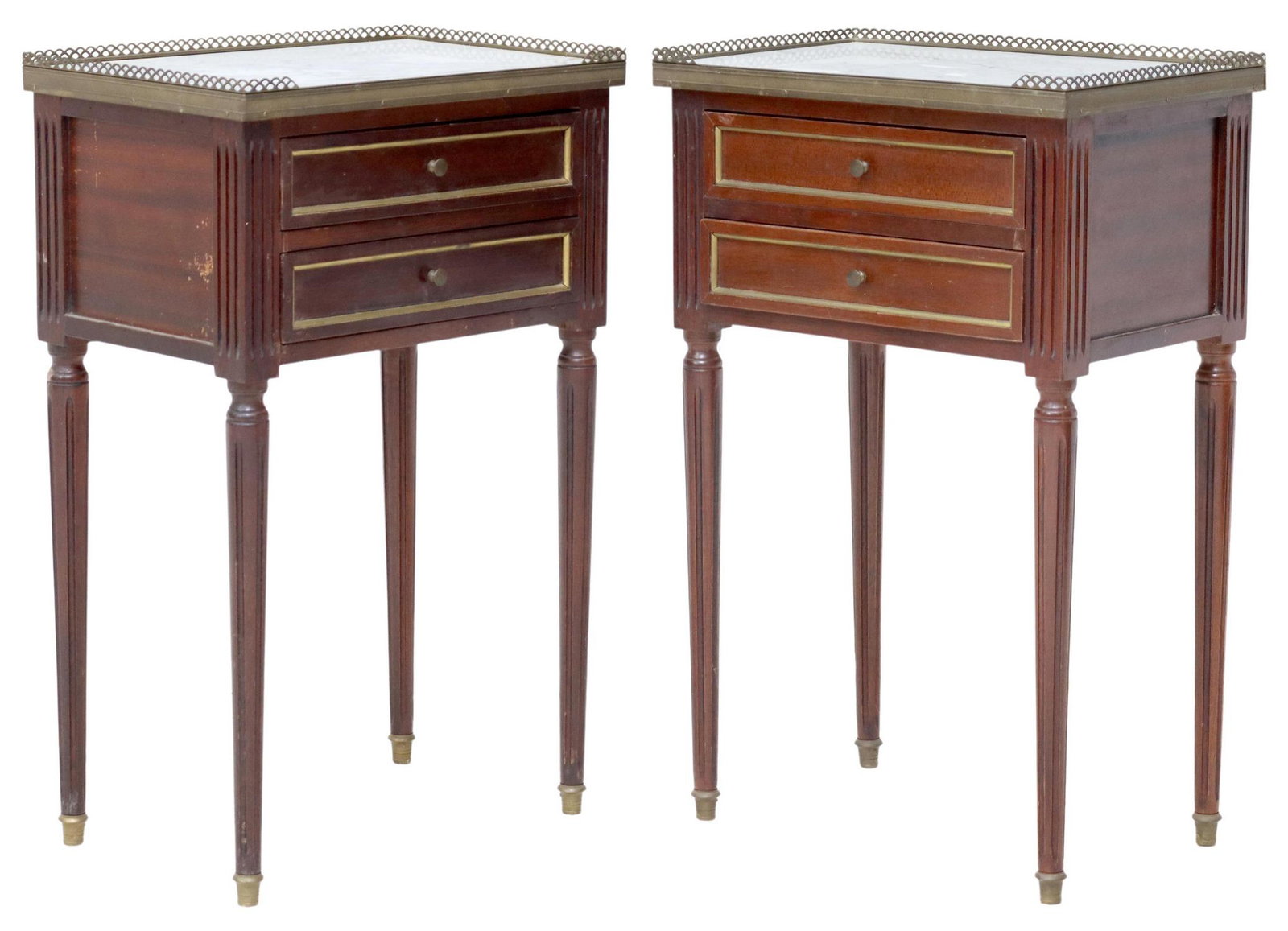 (2) FRENCH LOUIS XVI STYLE MAHOGANY NIGHTSTANDS: (pair) French Louis XVI style mahogany nightstands, 20th c., having inset marble top, surmounted by pierced gallery, over two drawers, with gilt metal banding, rising on fluted and tapered legs, appro