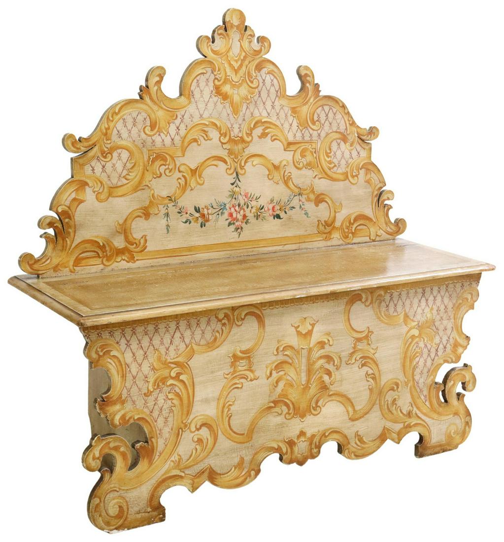 ITALIAN PAINT DECORATED HALL BENCH: Italian paint decorated hall bench, early 20th c., shaped back, hinged bench seat opening to storage, approx 51.5"h, 53"w, 18.5"d, seat height: 22.75"h Start Price: $400.00