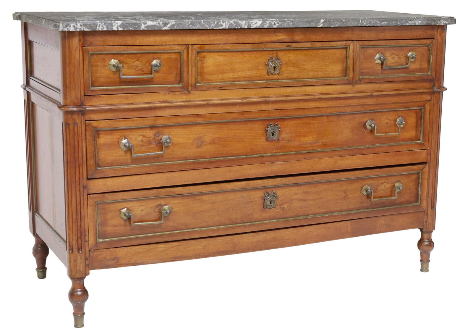 FRENCH LOUIS XVI STYLE MARBLE-TOP COMMODE: French Louis XVI style marble-top walnut commode, late 19th c., three drawers flanked by half columns descending to tapered turned legs, approx 33.5"h, 51"w, 21.25"d Start Price: $600.00