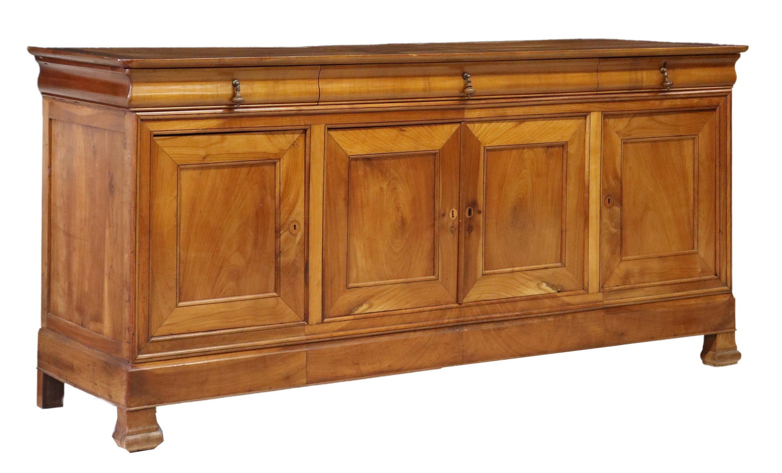 FRENCH LOUIS PHILIPPE PERIOD FRUITWOOD SIDEBOARD: French Louis Philippe period fruitwood sideboard, mid 19th c., three ogee frieze drawers, over four cabinet doors, interior shelf, rising on bracket feet, approx 40"h, 86.5"w, 25"d Start Price: $600.0