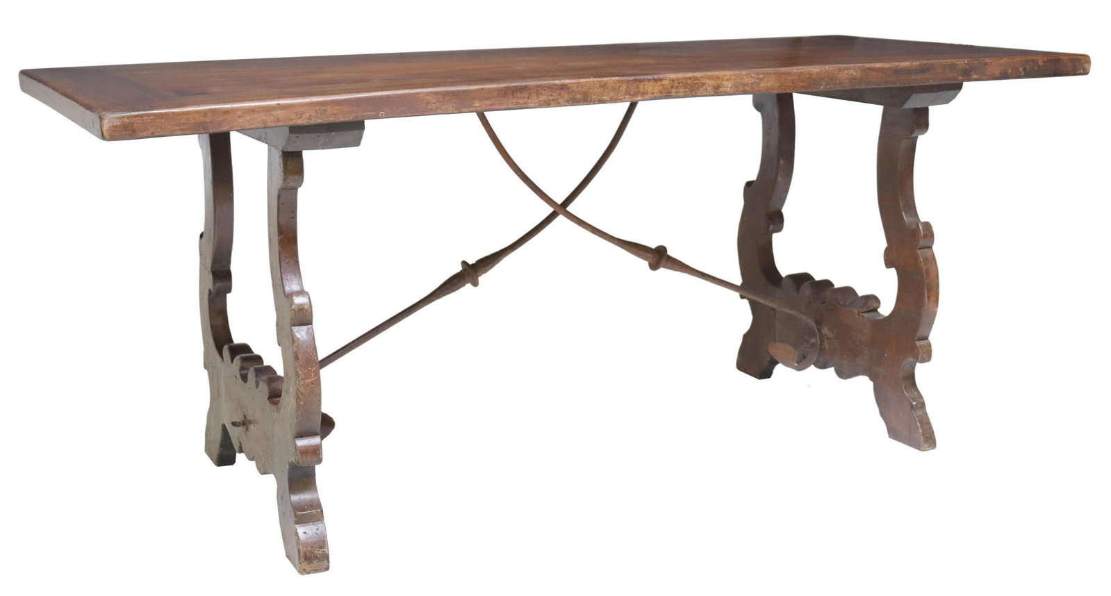 SPANISH BAROQUE IRON STRETCHER TABLE, 73.5"L: Spanish Baroque table, 19th c., rectangular top, rising on ox yoke supports, joined with iron cross stretcher, approx 30.5"h, 73.5"l, 31.5"w Start Price: $500.00