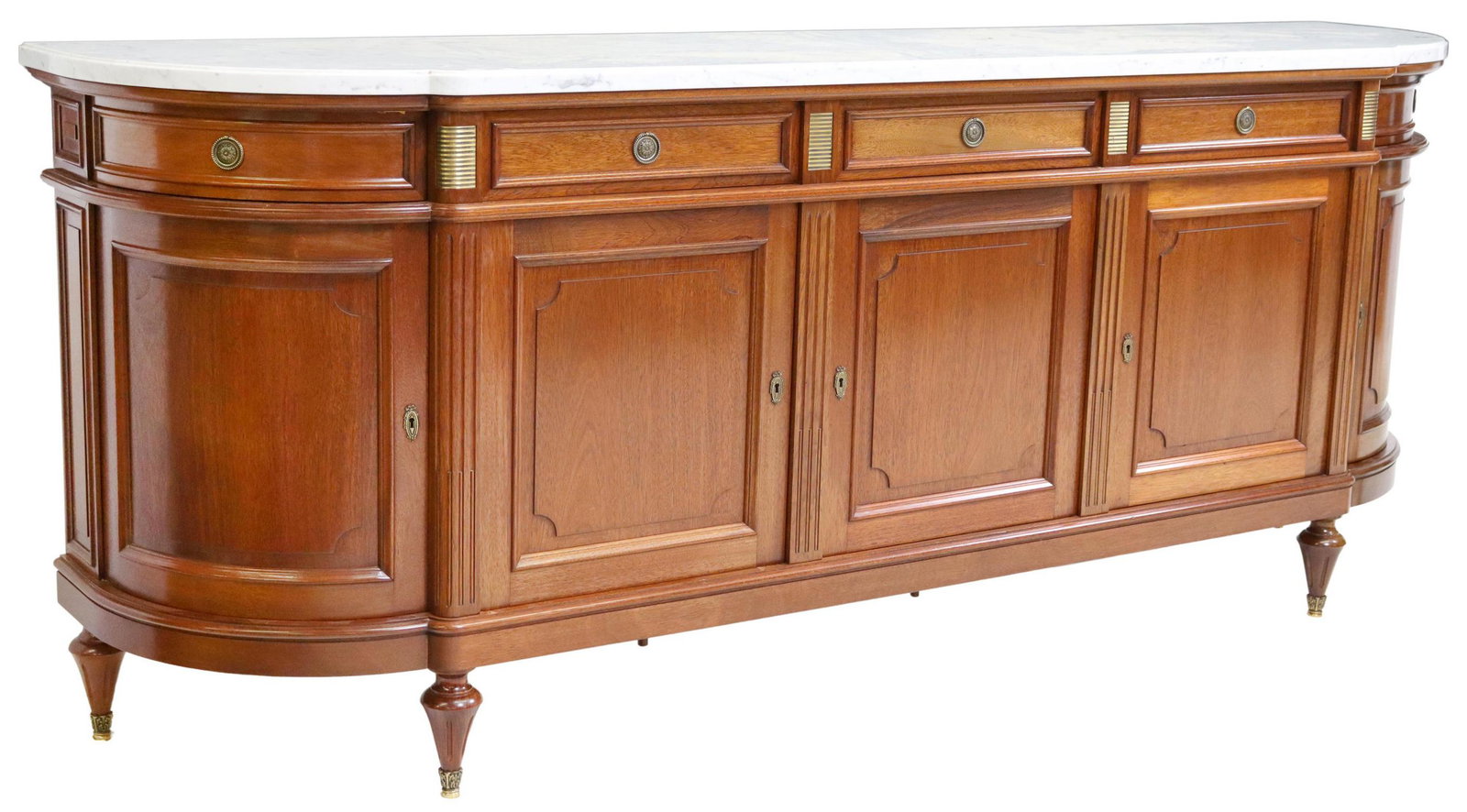 LOUIS XVI STYLE MAHOGANY MARBLE-TOP SIDEBOARD: French Louis XVI style mahogany sideboard, 20thc., having shaped marble top, fitted with five drawers, over five cabinets, right corner cabinet with mirror back and top light, flanked by fluted side s