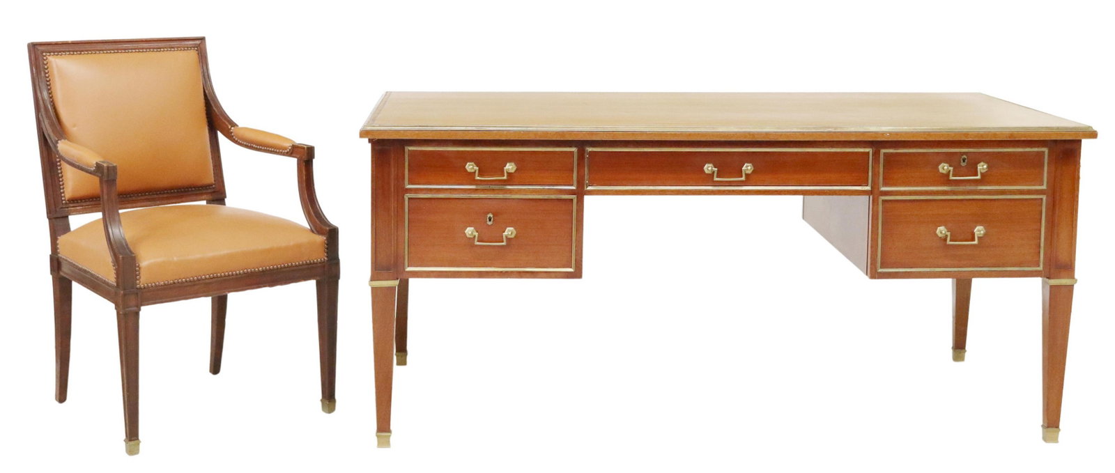 (2) FRENCH MAHOGANY BUREAU PLAT & FAUTEUIL: (lot of 2) French mahogany writing desk and armchair, 20th c., including: (1) kneehole desk, rectangular top with inset gilt-tooled leather, sides with leather lined slides, four drawers, including on
