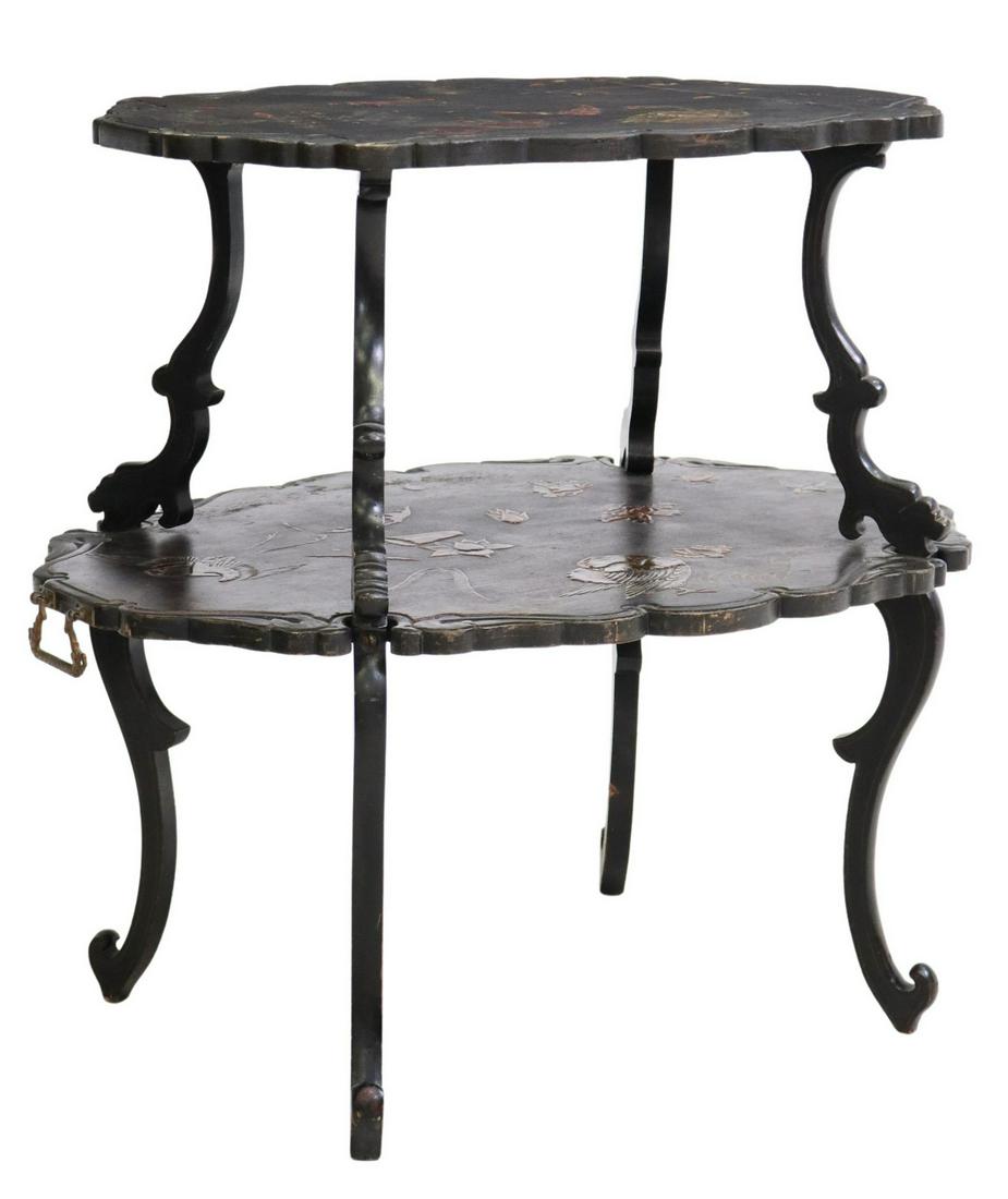 FRENCH JAPANNED TWO-TIER TEA TABLE: French two-tier service table, in the manner of Louis Majorelle (French, 1859-1926), late 19th c., Japanned surfaces with birds, including goose and crane, surrounded by bamboo, lotus flowers, side ca