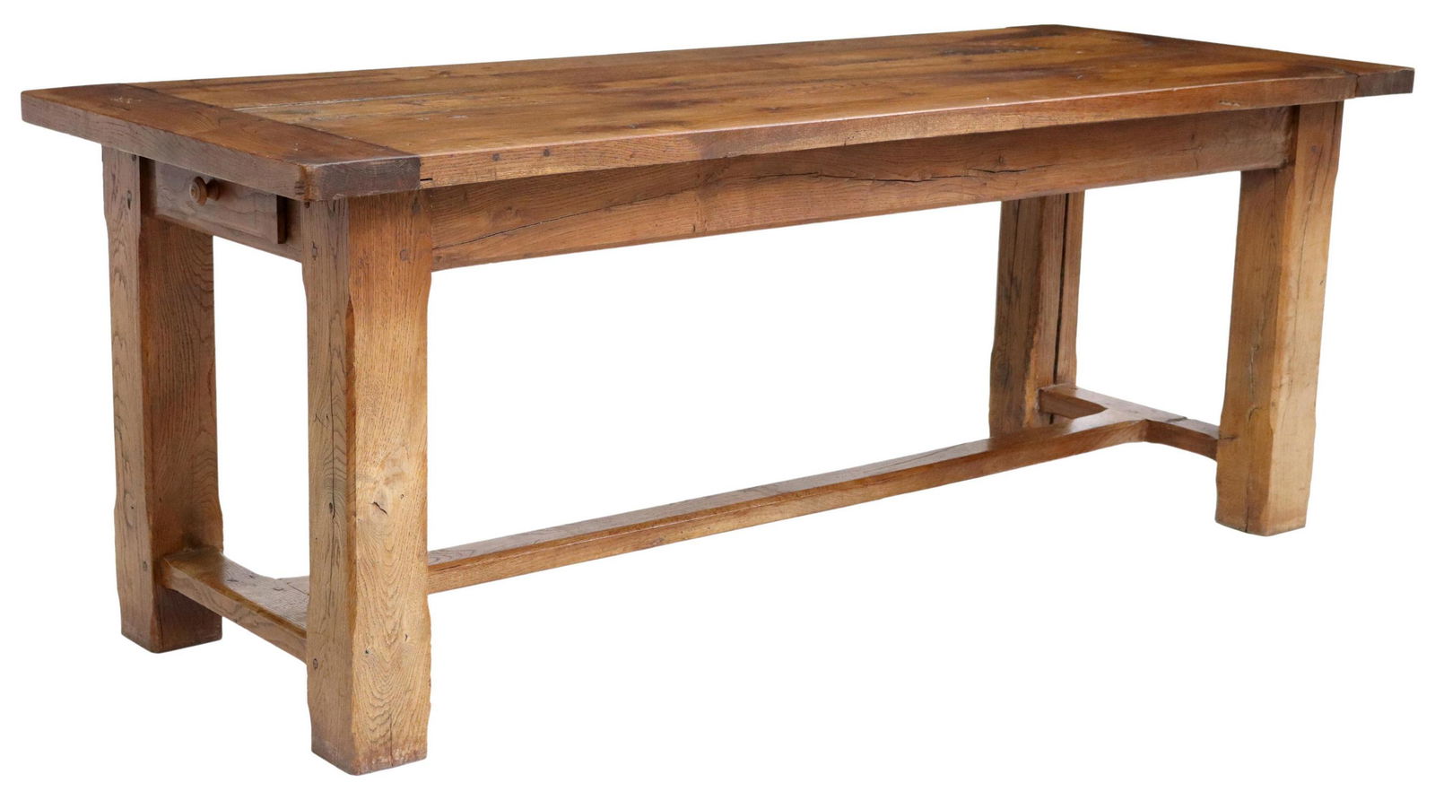 FRENCH OAK FARMHOUSE TABLE, 77"L: French oak farmhouse table, 19th c., rectangular plank top, over apron fitted with single drawer, rising on stretcher-joined chamfered legs, approx 29.25"h, 76 7/8"l, 29 1/8"w, floor to apron: 23.25"h