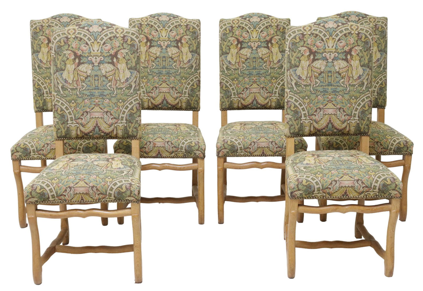 (6) FRENCH LOUIS XIV STYLE HIGHBACK DINING CHAIRS: (lot of 6) French Louis XIV style highback dining chairs, 20th c., tapestry style upholstery, oak frame, rising on volute supports, joined by H stretcher, approx 42.5"h, 18.5"w, 19"d, seat height: 19"