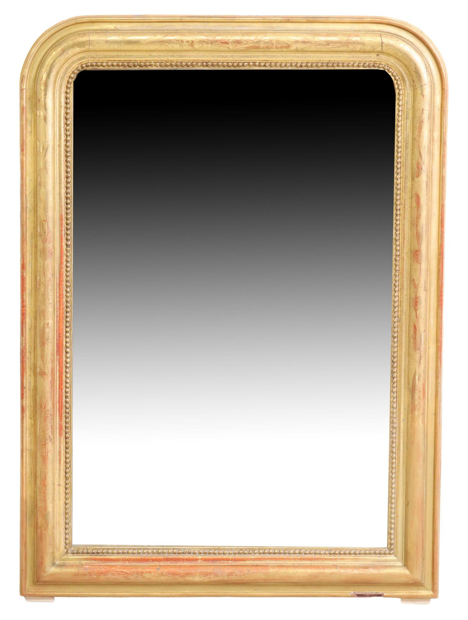 FRENCH LOUIS PHILIPPE PERIOD GILTWOOD MIRROR: French Louis Philippe period giltwood wall mirror, 19th c., having shaped frame with incised floral motifs, beaded trim, encasing flat mirror plate, approx 44"h, 31"w, 35.4lbs Start Price: $400.00