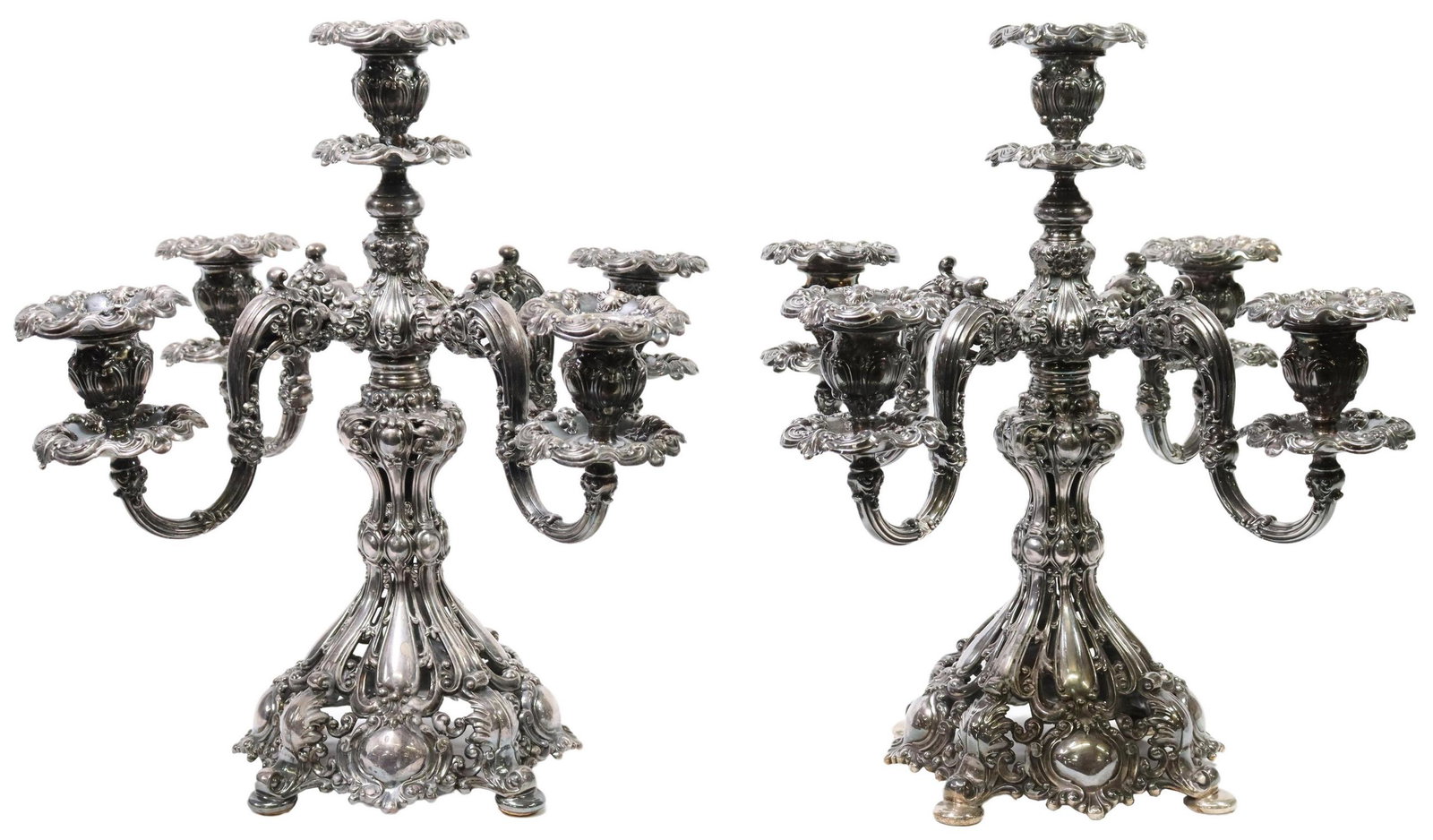 2) REED & BARTON RENAISSANCE FIVE-LIGHT CANDELABRA: (pair) American silverplate five-light candelabra, Reed & Barton, in the "Renaissance" pattern, model 800, approx 16"h, 16"diam; 14.5lbs total (for shipping purposes only) Start Price: $150.00