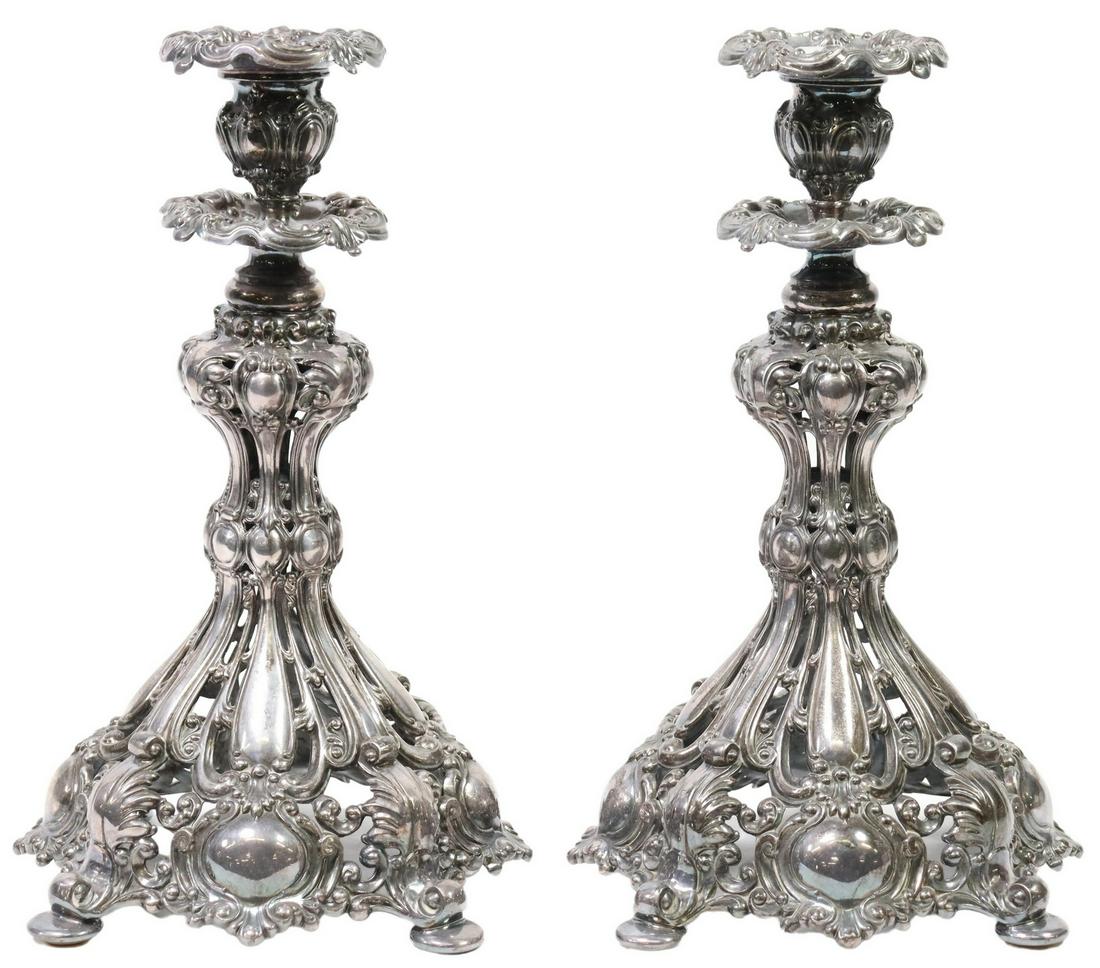 (2) REED & BARTON RENAISSANCE CANDLESTICKS: (pair) American silverplate candlesticks, Reed & Barton, in the "Renaissance" pattern, model 801, approx 12.25"h, 8.5"diam; 6lbs total Start Price: $100.00