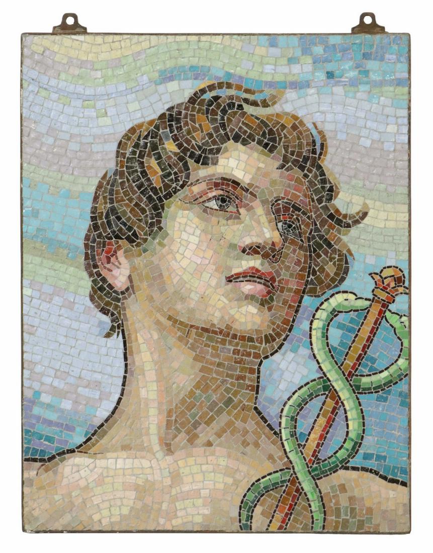 ALTHEA CARLUCCI MOSAIC MERCURY WITH CADUCEUS: Framed tile mosaic panel, Mercury with Caduceus, signed to back Althea Carlucci, inscribed "For Clarence Decker 1945," approx 24"h, 18.75"w, 41.25lbs Start Price: $400.00