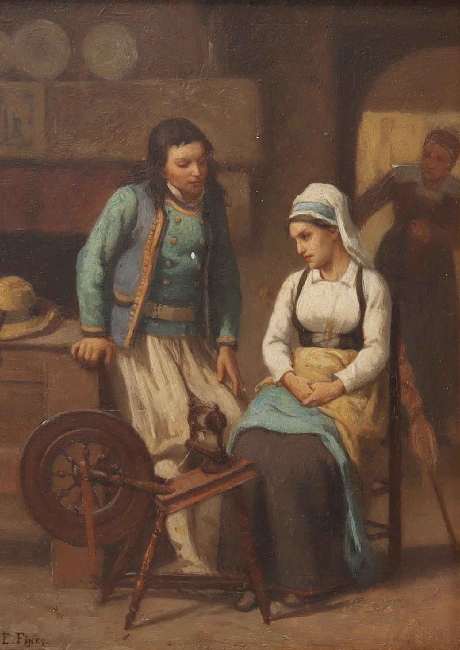 EUGENE FRANCOIS FINES (1826-1882) GENRE PAINTING: Framed oil on panel painting, Woman Sitting at a Spinning Wheel, signed lower left E. Fines (Eugene Francois Fines, French, 1826-1882), sight: approx 9"h, 6.75"w, overall: 17.25"h, 15"w, 7.5lbs Start 