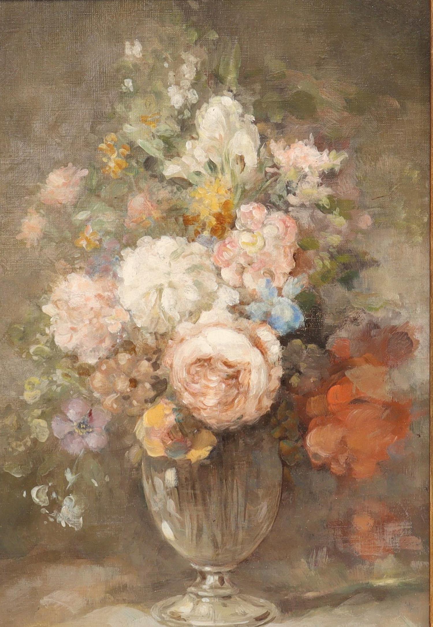 HENRI BONHOTAL (20TH C.) STILL LIFE PAINTING: Framed oil on canvas painting, Still Life with Vase of Flowers, signed lower right H. Bonhotal (Henri Bonhotal, French, 20th c.), sight: approx 13.25"h, 9"w, overall: 20"h, 15.75"w, 3lbs Start Price: 