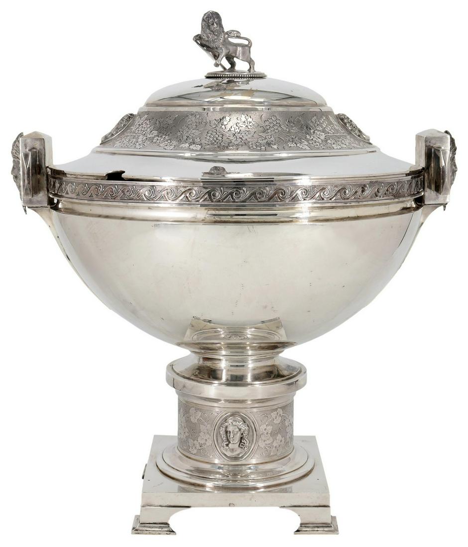 LARGE AMERICAN GORHAM COIN SILVER LIDDED TUREEN: Large American coin silver tureen, Gorham Manufacturing Company, the circular cover with cast finial modeled as a lion rampant holding a monogrammed shield, banded with grapevines and clusters, portra