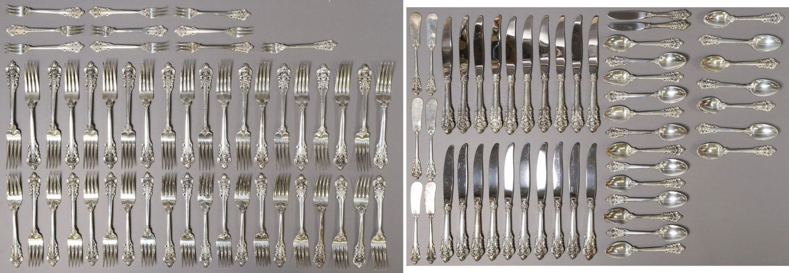 (98) WALLACE GRANDE BAROQUE STERLING FLATWARE SET: (lot of 98) American sterling silver flatware service, Wallace Silversmiths, in the "Grande Baroque" pattern, including: (20) hollow handle knives, 8 7/8"l, (6) flat handle butter spreaders, (one) wit