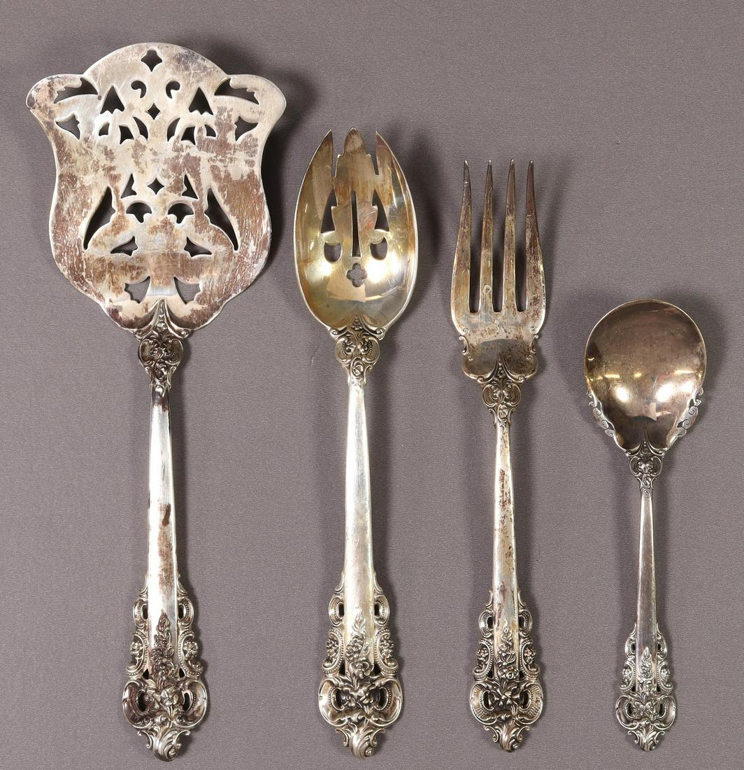 (4) WALLACE GRANDE BAROQUE STERLING SERVICEWARE: (lot of 4) American sterling silver serving flatware, Wallace Silversmiths, in the "Grande Baroque" pattern, including: (1) asparagus server, 9 7/8"l, (1) cold meat serving fork, 8 1/8"l, (1) pierced