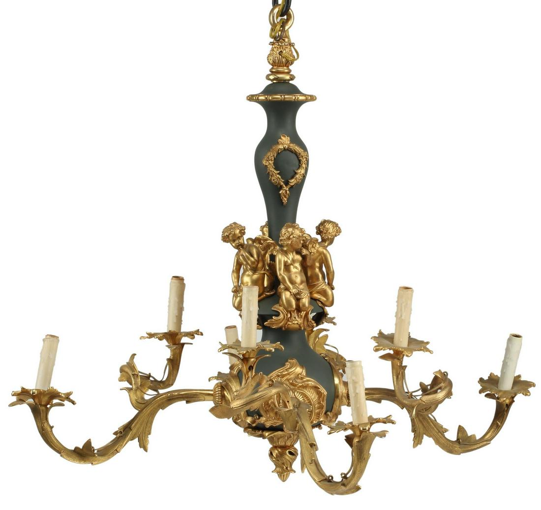 LOUIS XV STYLE BRONZE EIGHT-LIGHT CHANDELIER: Louis XV style bronze eight-light chandelier, with putti/ cherubs, in need of wiring, approx 31"h, 34.5"diam Start Price: $800.00