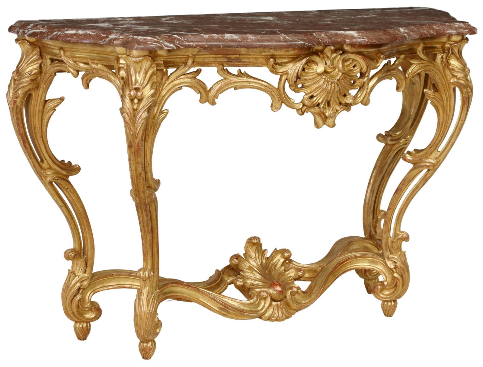 FRENCH LOUIS XV STYLE GILTWOOD CONSOLE TABLE: French Louis XV style giltwood console table, 20th c., having shaped marble top, pierced rocaille apron, rising on foliate scrolled legs, joined with stretcher, approx 35 3/8"h, 56"w, 21"d Start Price