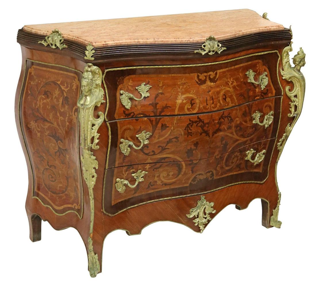 FRENCH LOUIS XV STYLE MARBLE-TOP BOMBE COMMODE: French Louis XV style bombe commode, 20th c., having shaped marble top, over three drawers, with floral marquetry, flanked by male and female gilt metal espagnolettes, ending in sabots, restoration to