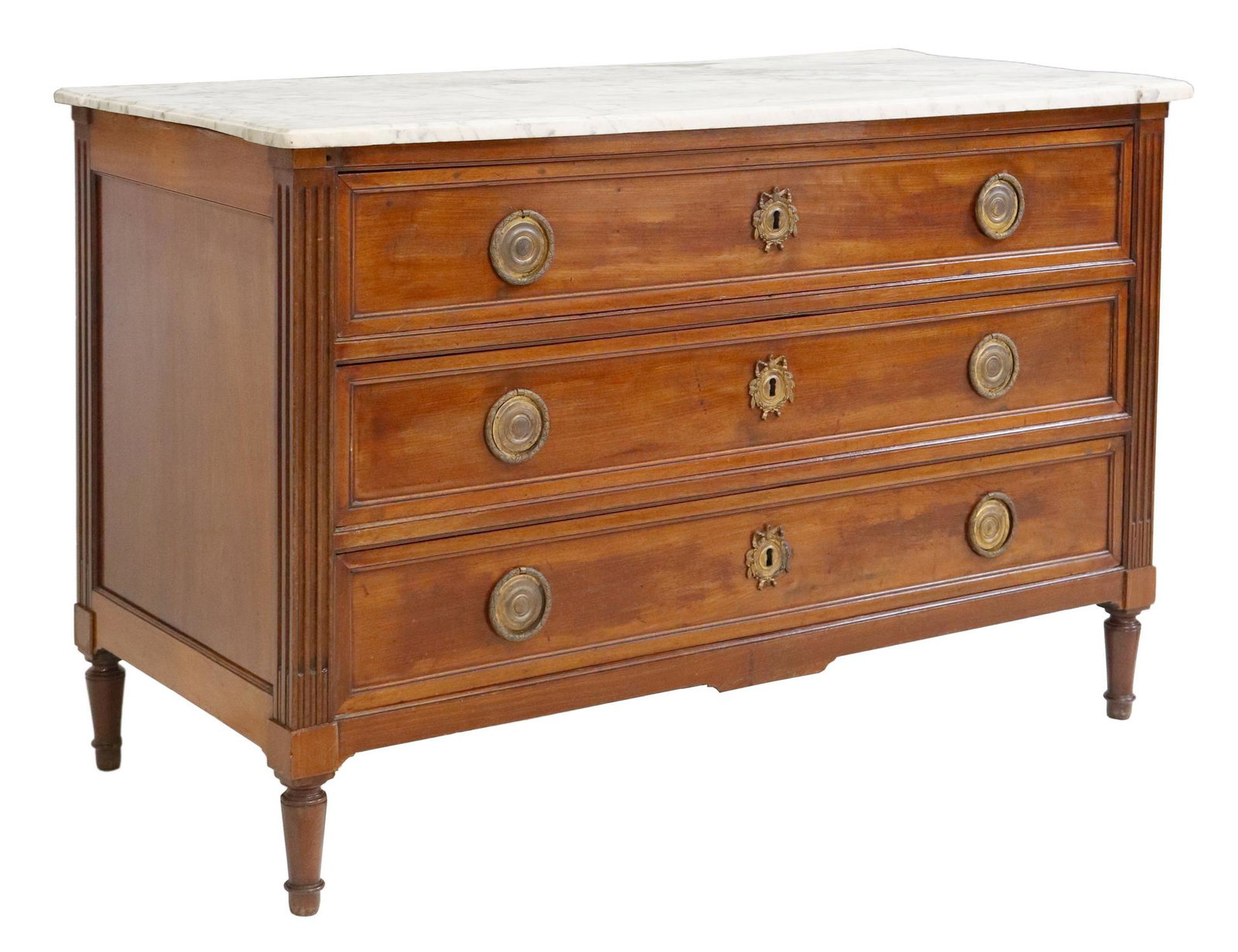 FRENCH LOUIS XVI MARBLE-TOP MAHOGANY COMMODE: French Louis XVI period marble-top mahogany commode, 18th/ 19th c., three drawers, framed by fluted corner posts, rising on tapering turned legs, restoration to marble top and case, approx 34"h, 52.5"